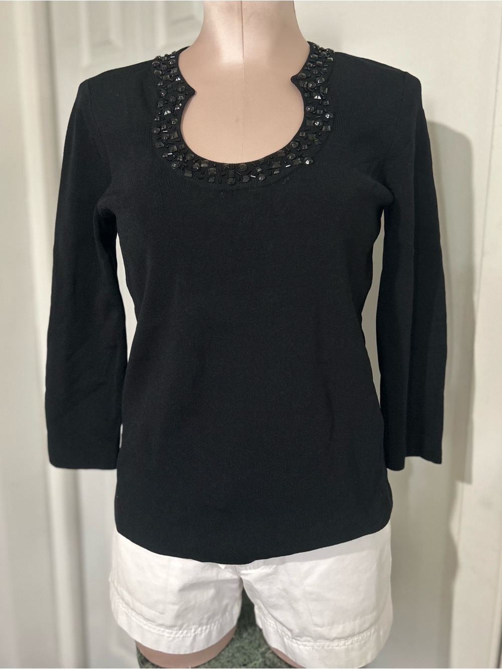Cable & Gauge Black 3/4 Sleeve Top blouse with Jeweled Scoop Neckline size M